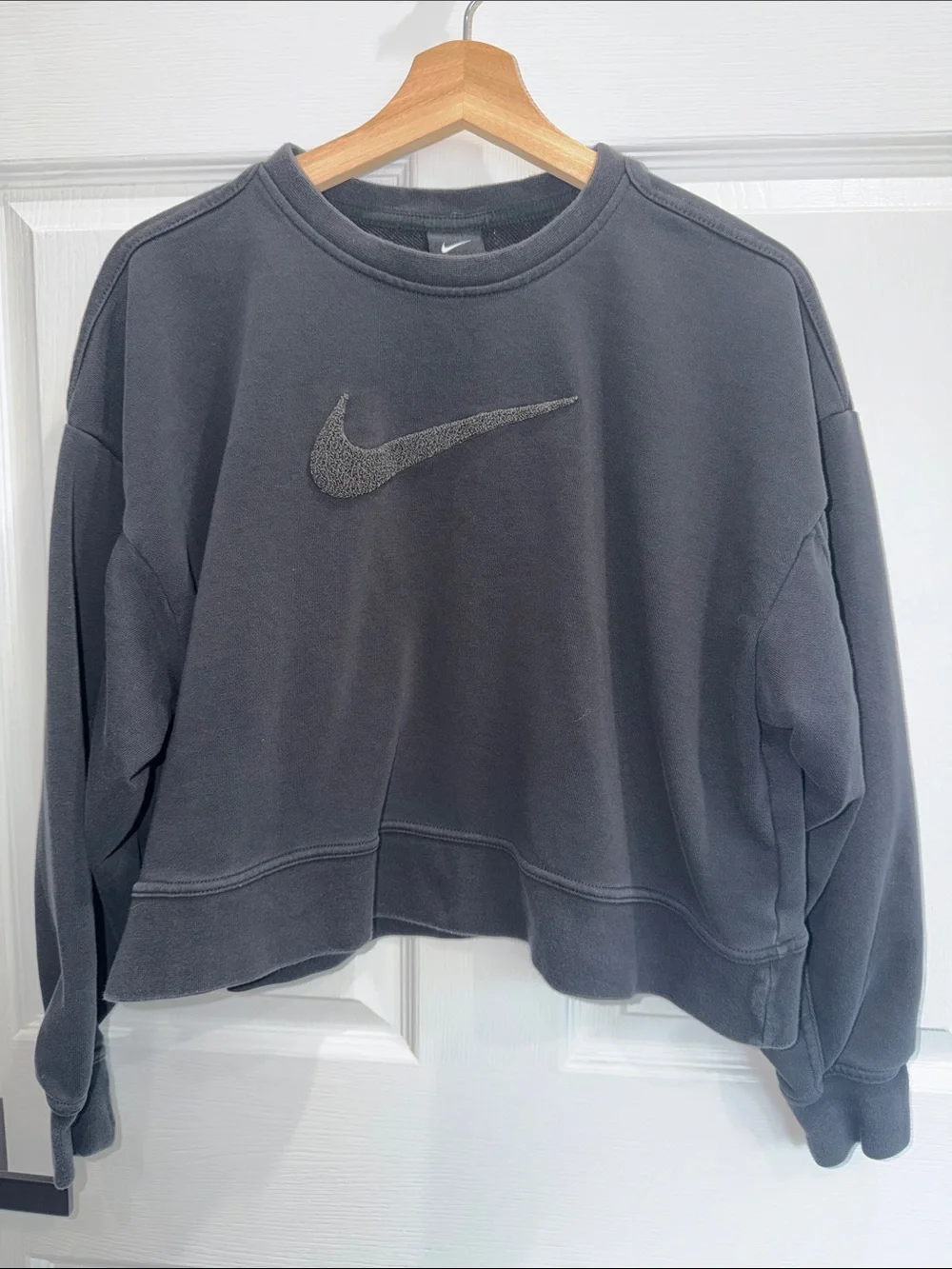 Nike Charcoal Cropped Crewneck Sweatshirt with Embroidered Swoosh